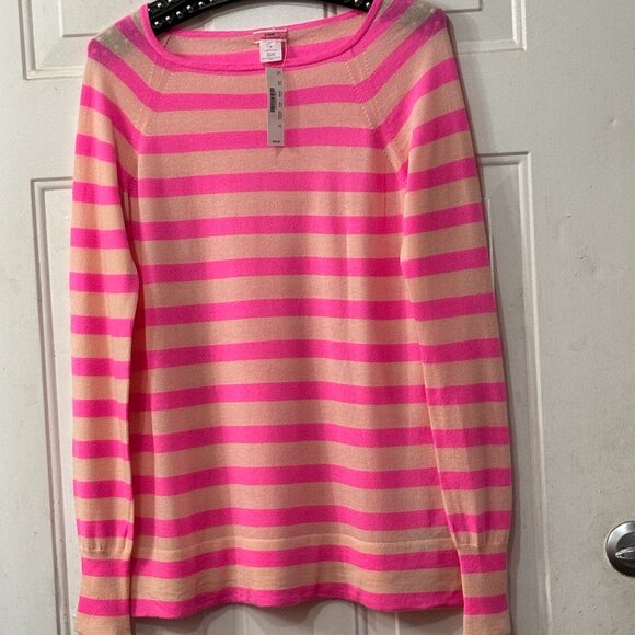 NWT J.Crew Cashmere Sz M Womens Sweater Pullover Neon Pink/Peach Striped - Picture 1 of 12